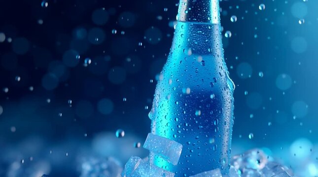 Slow motion close up zoom of blue glass bottle emerging from ice with water droplets on tabletop in studio