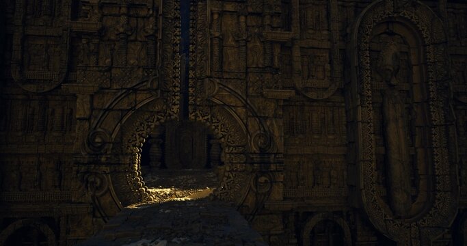 golden ancient archway revealing treasure trove, ornate stone carvings, scattered coins gleaming on mosaic floor, warm filtered beam, shadowed passage leading