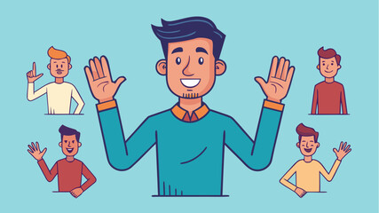 Smiling man waving hands illustration with different male characters in flat cartoon style friendly communication and greeting concept