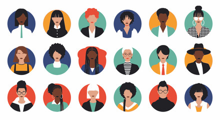 Diverse collection of female avatar icons showcasing various ethnicities, hairstyles, and fashion styles in a modern flat design. © UDIN