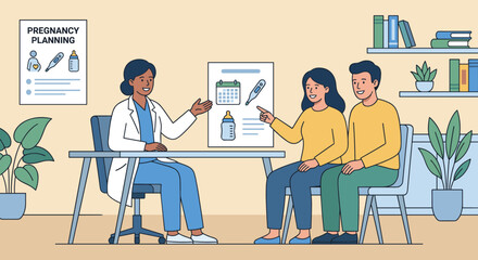 Female doctor consulting a young couple about pregnancy planning in a modern clinic office, a flat vector illustration showing medical advice and support for future parents