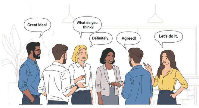Six diverse colleagues engaging in a collaborative discussion with positive feedback and agreement, illustrating teamwork and effective communication.
