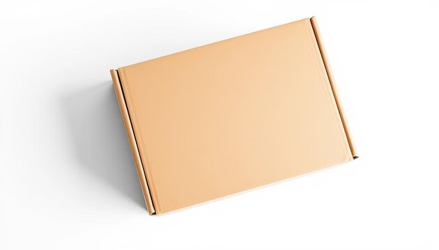 High-angle view of a blank brown cardboard mailing box on a white background, empty, top view