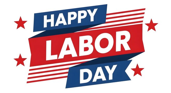Happy labor day greeting card with red and blue banners and stars on white background
