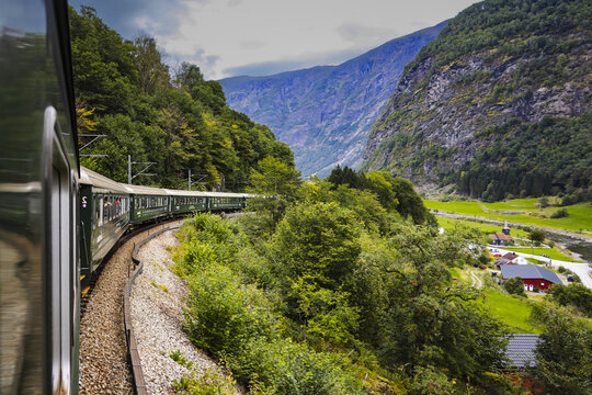 Spectacular view from the famous Norwegian Fl&aring;m train speeding uphill on its way to Myrdal station. Said to be one of the most beautiful railway journeys on the planet
