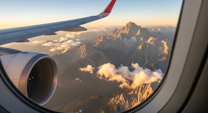 Airplane wing and engine view of sunlit mountain peaks at dawn.