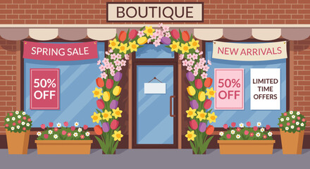 The illustrated facade of a charming boutique with a brick wall, decorated with a colorful floral arch of tulips and daffodils for a seasonal spring sale with discount signs