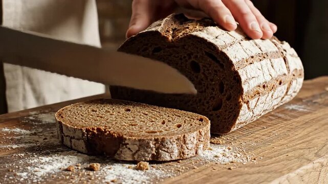Close up of hands slicing dark rye bread with a sharp knife on a wooden surface dusted with flour
