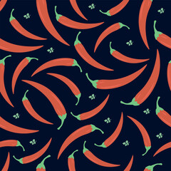 Fototapeta premium Red chili pepper seamless vector pattern on dark background for textile, wallpaper and packaging