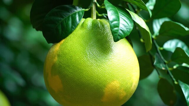 A green pear hanging from tree.
