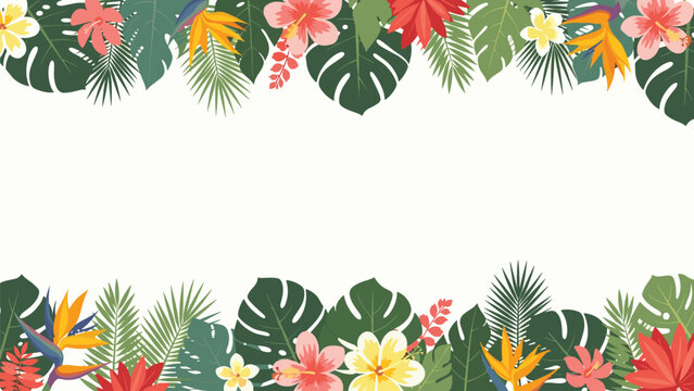 Vibrant tropical border design featuring colorful hibiscus flowers bird of paradise and exotic green palm leaves.