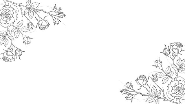 Romantic black and white floral borders featuring roses and buds in opposing corners for elegant stationery design.