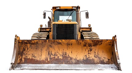 Large yellow bulldozer with a dirty bucket and rugged appearance on a white background