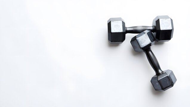 Two black hexagonal dumbbells minimal fitness equipment white studio