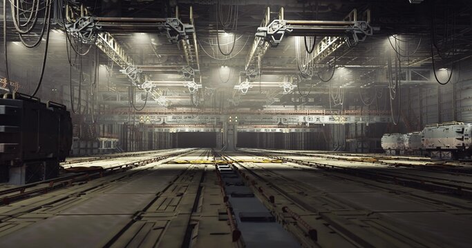 Empty dry dock with equipment, Stationary vessel bay with tools and structures, Unoccupied maritime workshop featuring support mechanisms and lighting