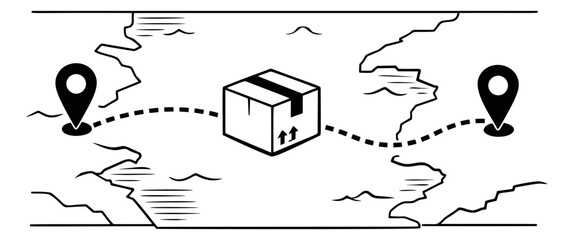 Line art illustration of global package delivery depicting a shipping route for e-commerce and logistics concepts