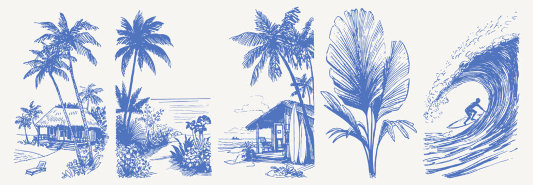 Tropical beach huts palms leaves vintage hand drawn. Crayon sketch drawing line art set with cottage, path, foliage and surfer wave. Retro island summer vacation graphics.
