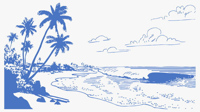 Palm coast lagoon sandy beach peaceful sea. Hand drawn crayon vintage sketch drawing line art with tropical shoreline, rocks and clouds. Retro summer travel postcard background.