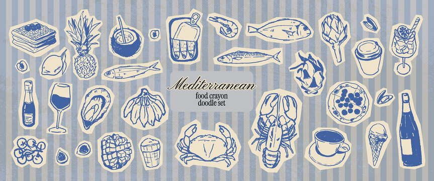 Summer coastal Mediterranean food doodle scrapbook collection. Italian brunch set. Crayon drawn ink picnic illustration with seafood, pizza, wine. Whimsical clip art dinner in vintage sketch style.