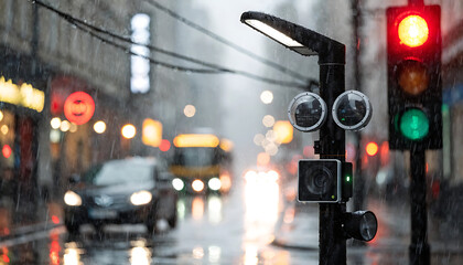 Urban traffic lights glowing red amidst a rainy city street scene