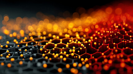 Glowing hexagon network, orange nodes, dark metallic grid, cyber gradient, abstract technology pattern, illuminated bokeh