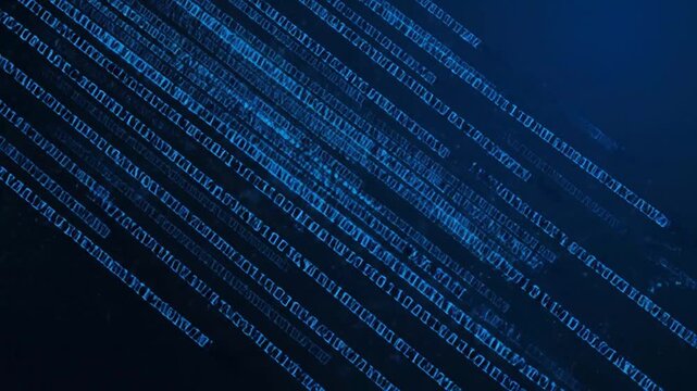 Abstract digital binary code data stream on dark blue background