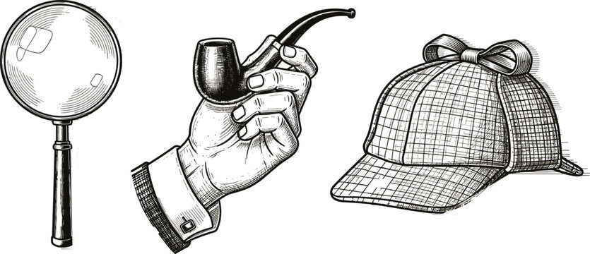Detective investigation set with magnifying glass, hand holding tobacco pipe, sherlock holmes hat, vintage vector sketch illustration, mystery discovery elements