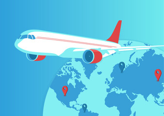 Fototapeta premium A flying airplane against the background of a world map with navigation signs. Vector illustration.