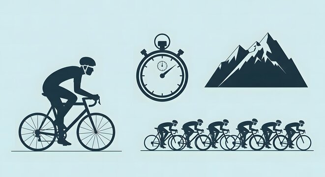 Road Cycling: Cyclist, Stopwatch and Mountain Icon Set