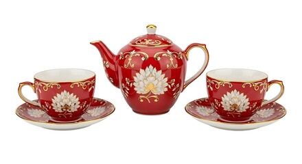 Fototapeta premium Red and Gold Floral Teapot and Cup Set with White Lotus on Saucer