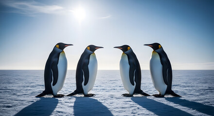 Fototapeta premium Four penguins standing on ice facing each other in a line