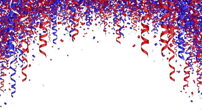 Red and blue confetti and ribbons on white background for celebration or party decoration
