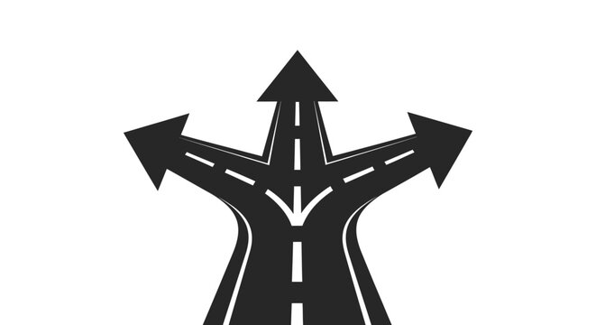 Road diverging into three directions a stark black silhouette