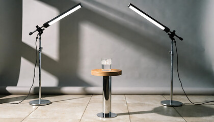 Minimalist studio setup featuring lighting and recording equipment on a simple stage