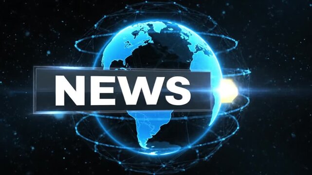 News Over Earth Globe with Orbiting Blue Circles in Space Viewpoint