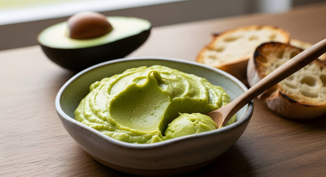 Creamy avocado dip with fresh avocado and toasted bread on a wooden table