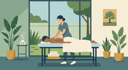 Fototapeta premium Professional female masseuse giving a relaxing back massage to a client lying on a table in a tranquil spa with plants and a large window