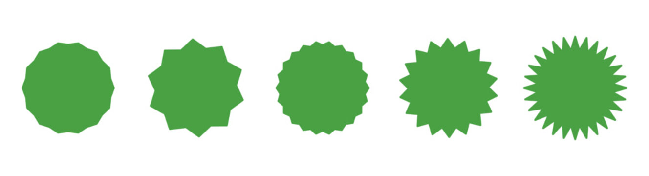 Set of green circle stickers. Star burst shape tag for price, shops. Wavy edge promo green badges. Flat vintage label. Blank sale sticker collection, simple silhouette.