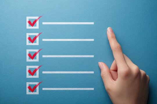 A vibrant blue textured background features a prominent checklist, partially completed with bold red checkmarks. A human hand's index finger points towards the last unchecked box, emphasizing the fina