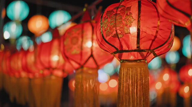 Illuminated red Chinese lanterns hanging at a night festival.