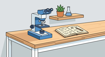 Blue microscope on a wooden desk next to an open notebook with scientific formulas in a clean, hand-drawn illustration style representing education and research