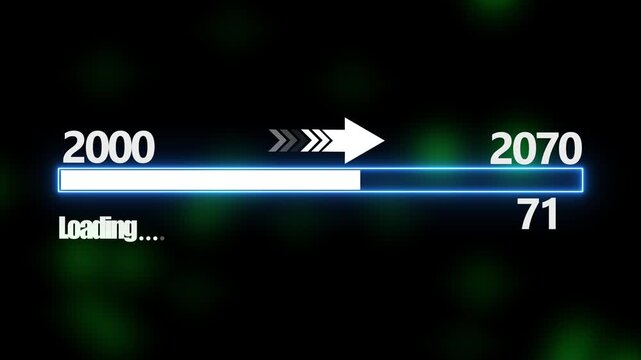 Loading bar from 2000 to 2070 new year transfer animation. New year 2070 loading bar animation Year changing from 2000 to 2070. New year, annual plan, growth strategy, business planning.4k video