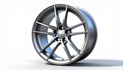 Obraz premium Sleek modern alloy wheel with a dynamic multi-spoke design, metallic silver finish, pristine condition, sharp focus on a bright white background, casting a subtle shadow, ready for automotive display,