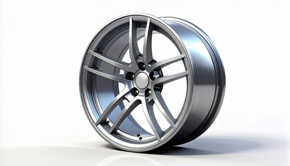 Obraz premium Sleek modern alloy wheel design, aluminum finish, with a dynamic five-spoke pattern, showcasing precision engineering and automotive performance, presented on a clean white background with subtle shad