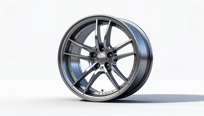 Fototapeta premium Sleek modern cast aluminum alloy vehicle wheel featuring a multi-spoke design with polished finish, perfect for automotive concepts, vehicle part advertisements, and industrial engineering presentatio