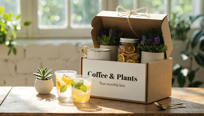 A cozy gift box with fresh flowers and citrus fruits on a wooden table.