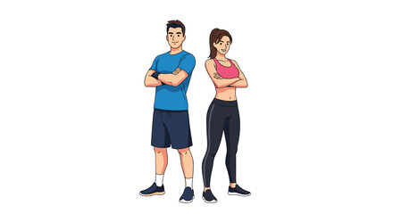 Fototapeta premium A man in a blue athletic shirt and a woman in a pink sports bra stand together with their arms crossed against a solid white background.