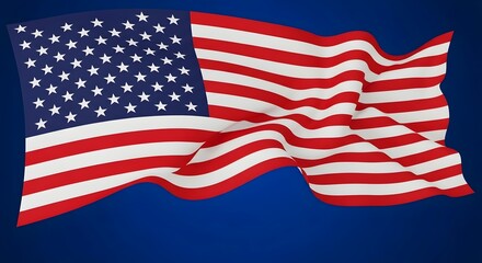 Obraz premium The american flag waving in the wind on a blue background symbolizing freedom and patriotism