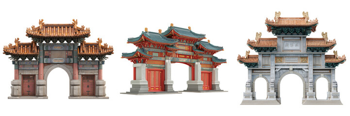 Fototapeta premium Set of Cute Chinese Gate Architecture on transparent png background. Ai generated