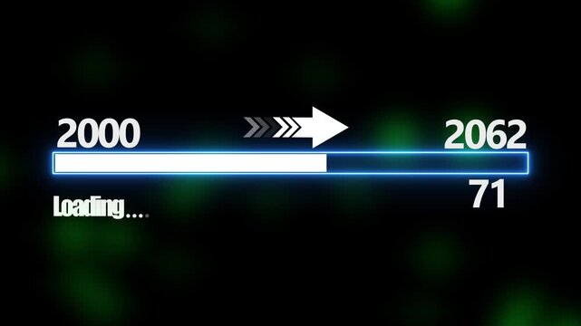 Loading bar from 2000 to 2062 new year transfer animation. New year 2062 loading bar animation Year changing from 2000 to 2062. New year, annual plan, growth strategy, business planning.4k video